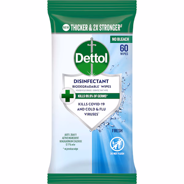 Dettol Disinfectant Biodegradable Wipes Fresh - 60 Pk